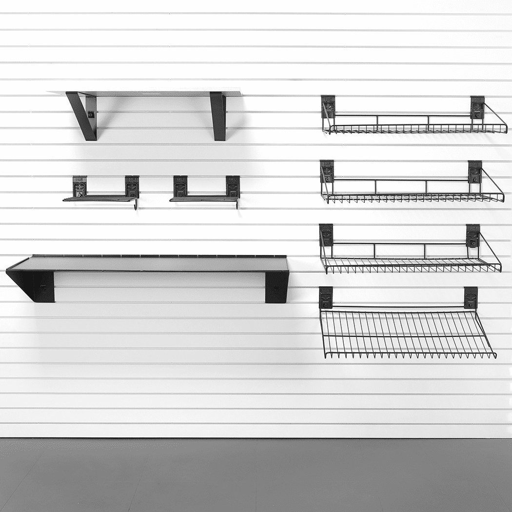 Milwaukee Slatwall's Extra Large Shelf Bundle elevates garage storage, offering eight superior shelves for a comprehensive organization solution, making clutter a thing of the past with style and versatility.