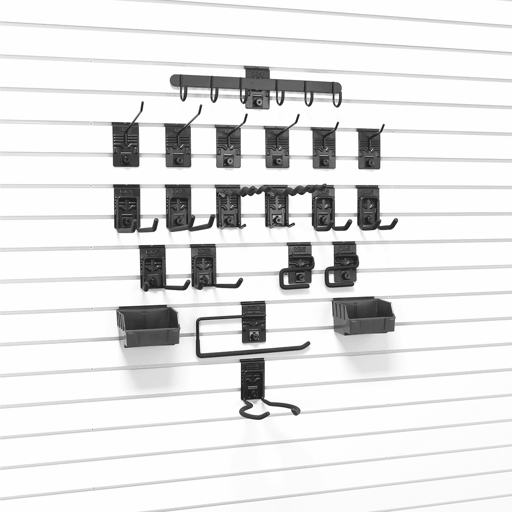Transform your garage into a clutter-free zone with Milwaukee Slatwall's Large Hook Bundle, featuring 21 versatile hooks for seamless storage on any slatwall system