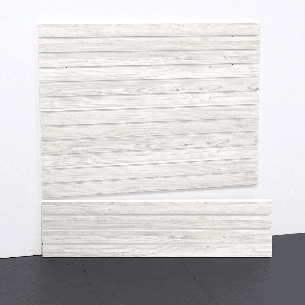Discover the compact elegance of the 4ft Laminated PVC Slatwall in Whitewood by Milwaukee Slatwall, designed for superior durability and sleek aesthetics in smaller garage spaces.