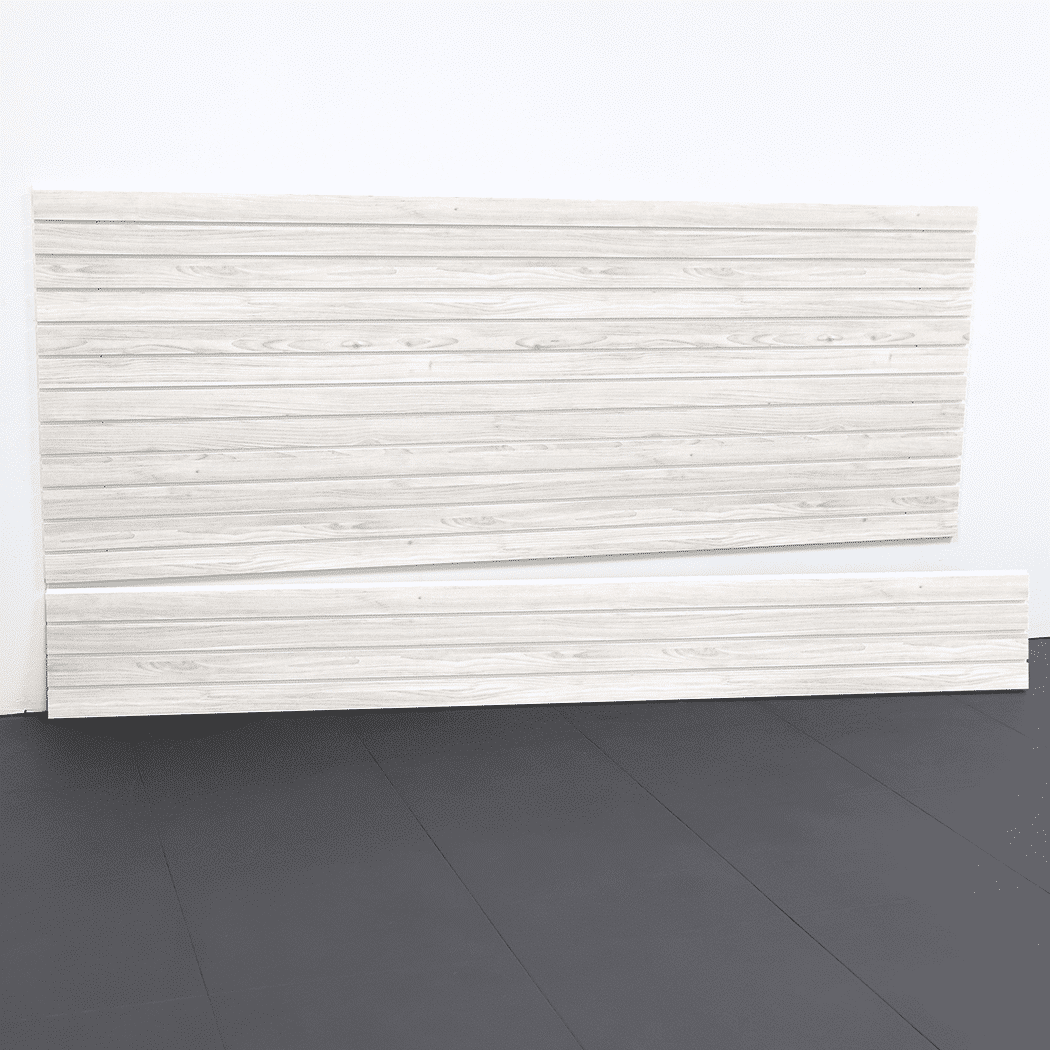 Get a closer look at the 8ft Laminated PVC Slatwall in Whitewood by Milwaukee Slatwall, highlighting its waterproof and durable design perfect for modern garage organization.