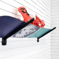 Garage snowboard storage using MKE Slatwall and 12″ Angled Hook Bracket.
