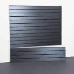 Steel gray slatwall panel installed in a clean garage with organized tools and accessories