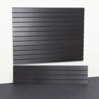 Milwaukee Slatwall 4ft Laminated PVC in Steel Finish: Compact, durable, and stylish, perfect for optimizing space in smaller garages or sections.