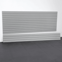 Upgrade your garage with the sleek 8ft Textured Grey Laminated PVC Slatwall from Milwaukee Slatwall, your solution for a durable and stylish storage space.