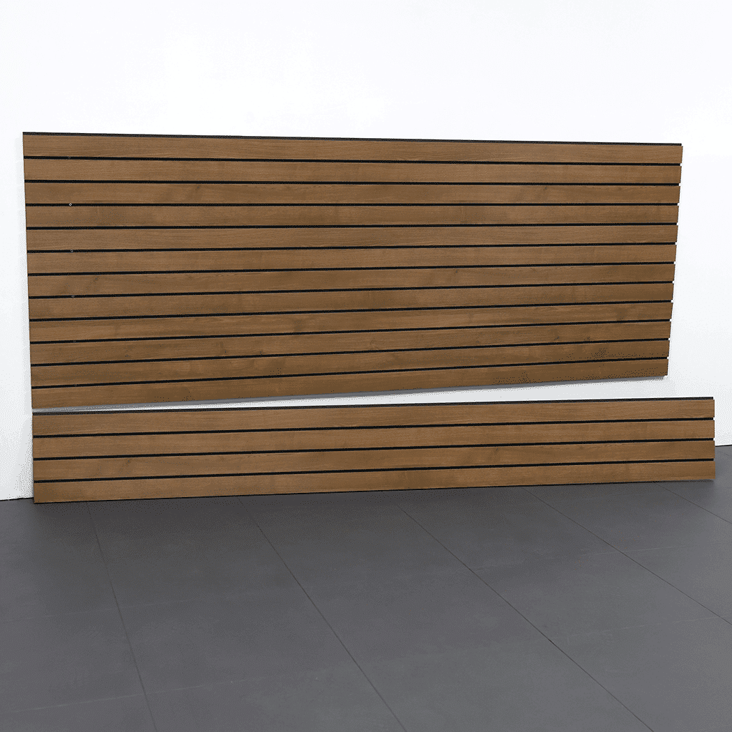 8ft Laminated PVC Slatwall in Western Cedar finish, ideal for garage organization