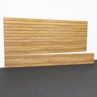 Garage slatwall panel in Aspen Maple finish with hooks, baskets, and shelf accessories