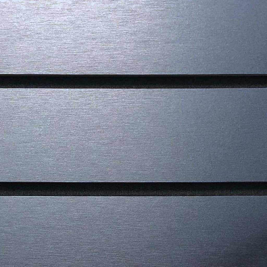 Steel gray slatwall swatch sample with smooth modern industrial finish