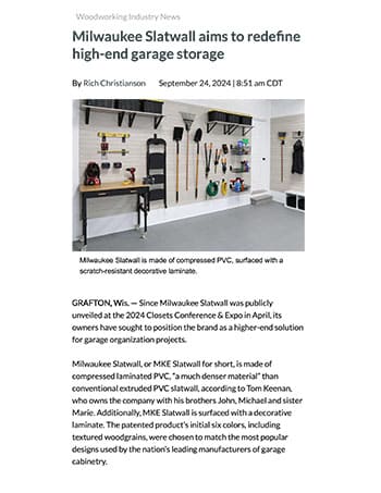MKE Slatwall's debut in the garage storage market featured in the Woodworking Network.