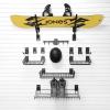 Snowboard rack with hooks and shelves for snowboard storage.