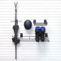 Small ski storage bundle with wall hooks and boot rack