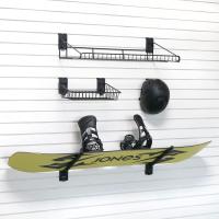 Hooks and shelves for snowboard and gear storag