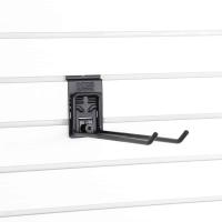 Side view of 12” slatwall hook holding two Grab and Go Bags on garage slatwall
