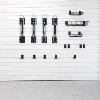 Slatwall-mounted hooks and storage basket holding bike gear