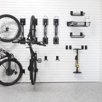 Garage storage shelves holding bike maintenance tools